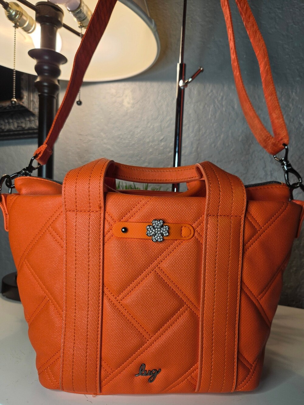 Lug Dory Orange/Coral Quilted Tote Crossbody Bag Crystal Flower